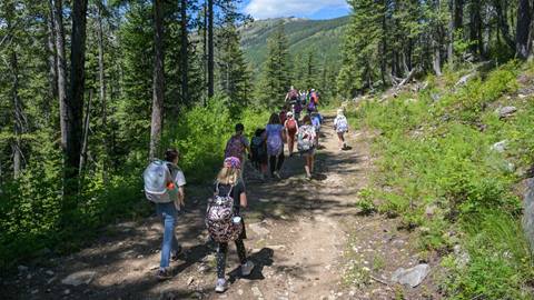 Group of kids hiking on a forest trail at Schweitzer's children center summer camp for kids