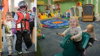 Toddlers playing indoors with toys at Schweitzer's daycare and childcare center