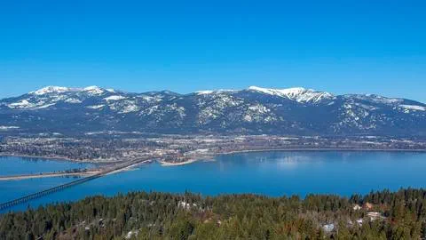View of Sandpoint and Schweitzer looking north across Lake Pend Oreille