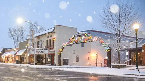 Downtown Sandpoint with snow falling