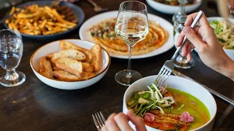 table full of colorful food at Crow's Bench restaurant at Schweitzer