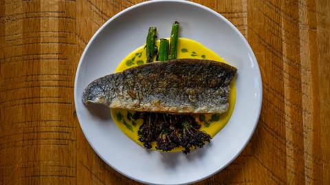 picture of trout dish with broccoli at Crow's Bench at Schweitzer