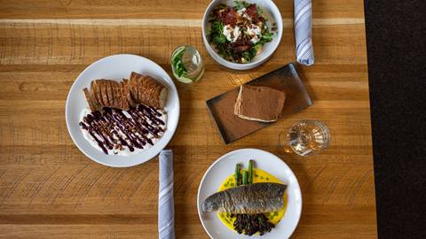 top down image of food and drinks on table at Crow's Bench at Schweitzer