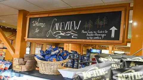 The Lakeview Cafe chalk board sign with snacks