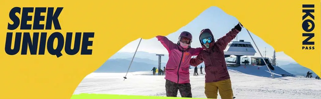 two people happy with arms in the air with Ikon logo and says seek unique
